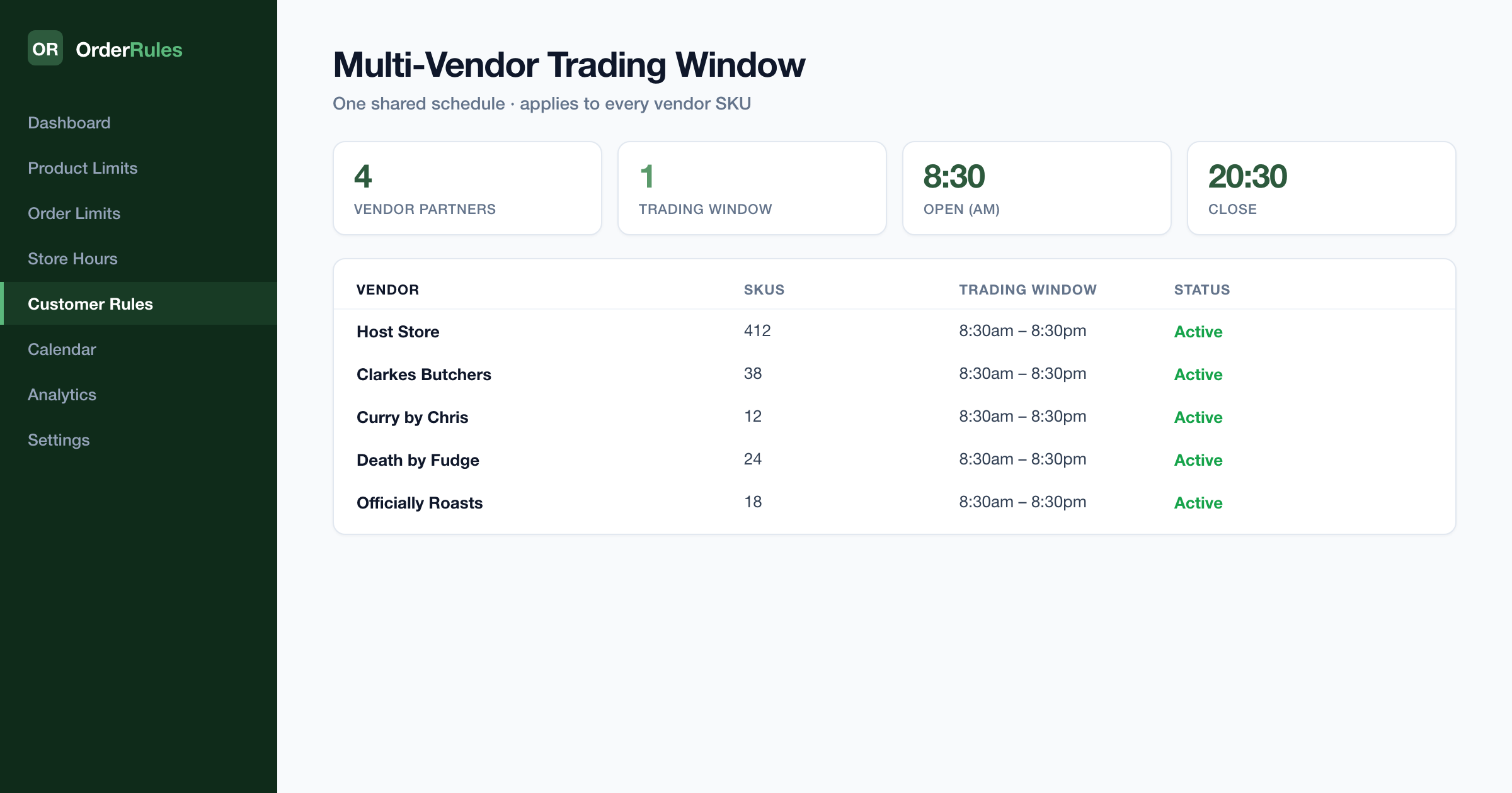 OrderRules multi-vendor Shopify dashboard — one shared 8:30am–8:30pm trading window applied across 4 vendor partners (Clarkes Butchers, Curry by Chris, Death by Fudge, Officially Roasts)