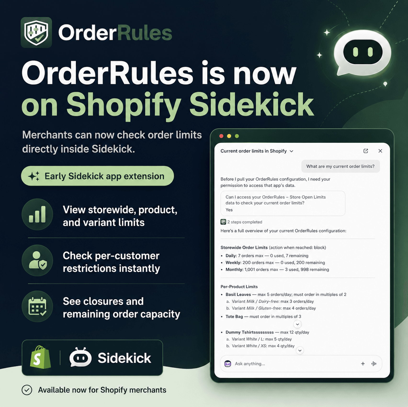 Shopify Sidekick answering "What are my current order limits?" with OrderRules — showing used and remaining order capacity