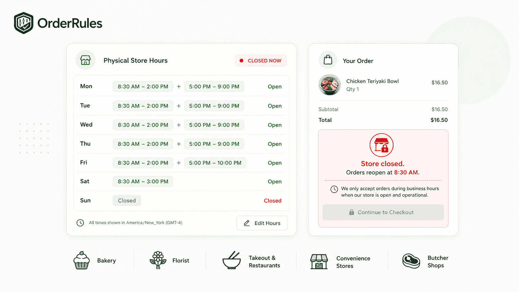 Shopify checkout restricted to physical store business hours with OrderRules